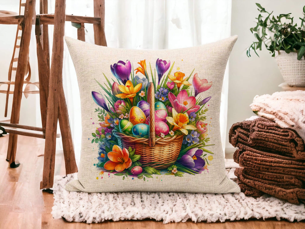 Personalized Easter pillow with vibrant floral basket and colorful eggs, perfect spring home decor and festive gift idea - Personalized Kreation