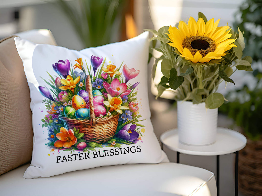 Personalized Easter pillow with vibrant floral basket and colorful eggs, perfect spring home decor and festive gift idea - Personalized Kreation