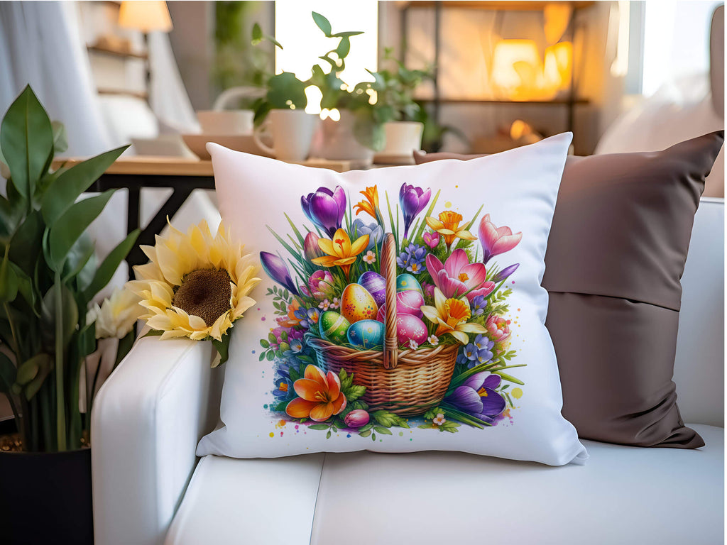 Personalized Easter pillow with vibrant floral basket and colorful eggs, perfect spring home decor and festive gift idea - Personalized Kreation