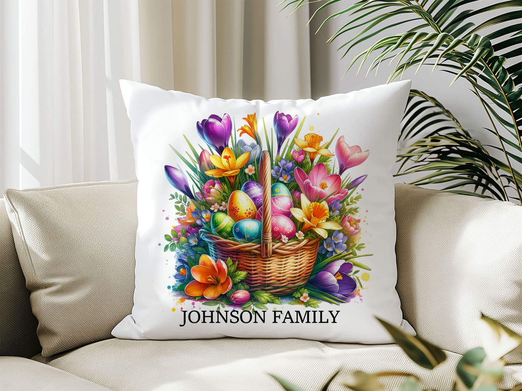 Personalized Easter pillow with vibrant floral basket and colorful eggs, perfect spring home decor and festive gift idea - Personalized Kreation