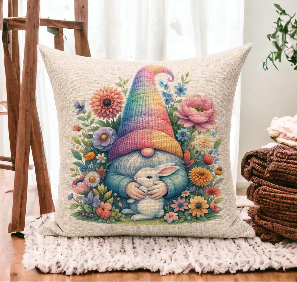 Personalized Easter Gnome Pillow with Bunny – Custom Spring Floral Throw Pillow for Home Décor, Easter Gift, and Farmhouse Accents – Cute Gnome Hugging Bunny with Colorful Flowers – Soft and Cozy Cushion Cover - Personalized Kreation