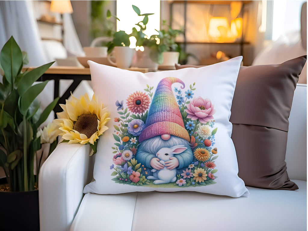 Personalized Easter Gnome Pillow with Bunny – Custom Spring Floral Throw Pillow for Home Décor, Easter Gift, and Farmhouse Accents – Cute Gnome Hugging Bunny with Colorful Flowers – Soft and Cozy Cushion Cover - Personalized  Kreation