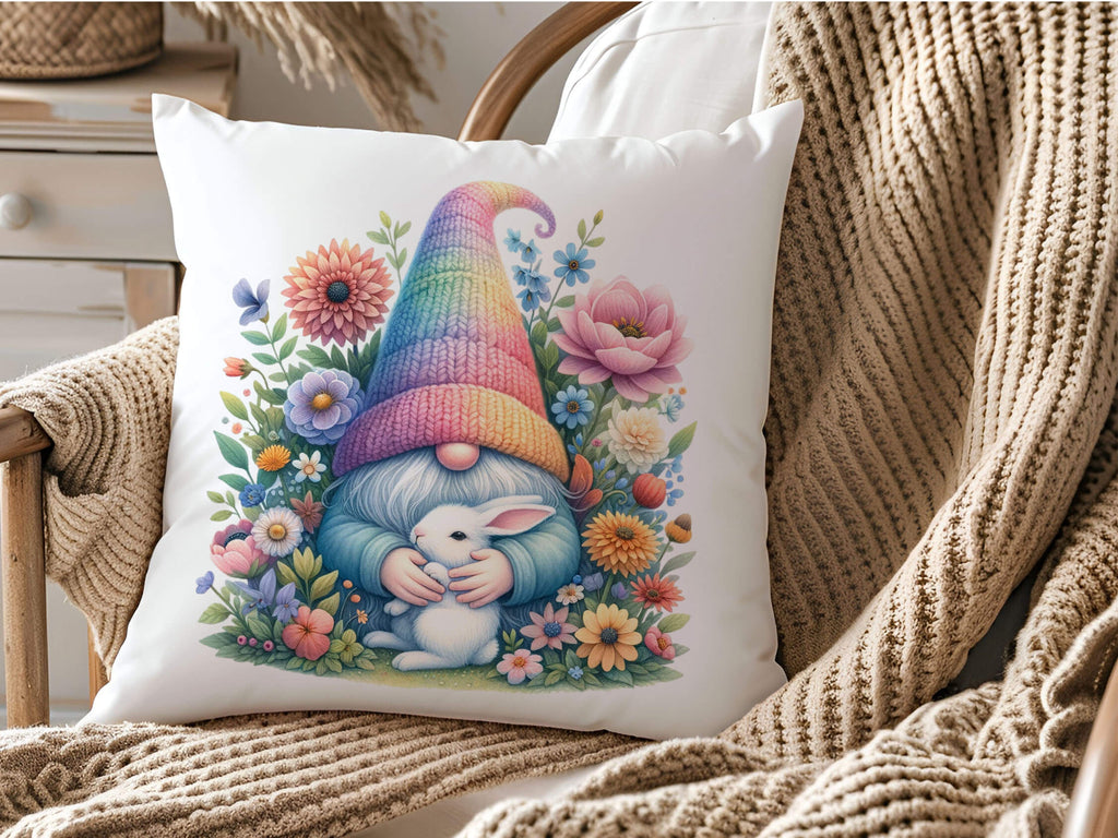 Personalized Easter Gnome Pillow with Bunny – Custom Spring Floral Throw Pillow for Home Décor, Easter Gift, and Farmhouse Accents – Cute Gnome Hugging Bunny with Colorful Flowers – Soft and Cozy Cushion Cover - Personalized Kreation