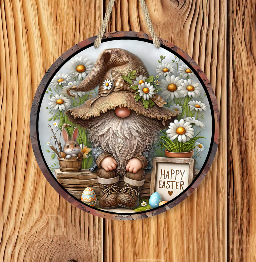 Rustic Easter Gnome 14 inch hardboard Sign with daisies, bunny, and eggs, farmhouse spring decor, vintage country wall hanging, Happy Easter plaque for indoor and outdoor decoration - Personalized Kreation