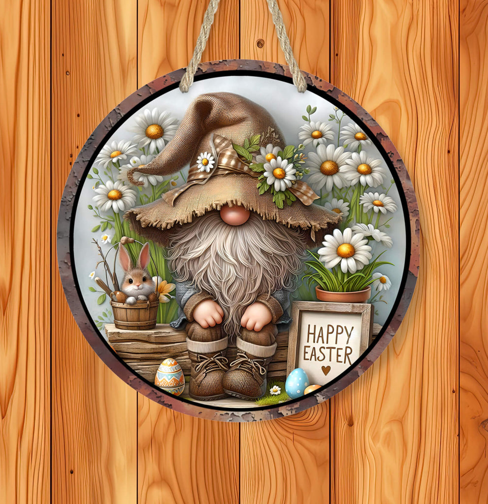 Rustic Easter Gnome Metal Sign with daisies, bunny, and eggs, farmhouse spring decor, vintage country wall hanging, Happy Easter plaque for indoor and outdoor decoration - Personalized Kreation