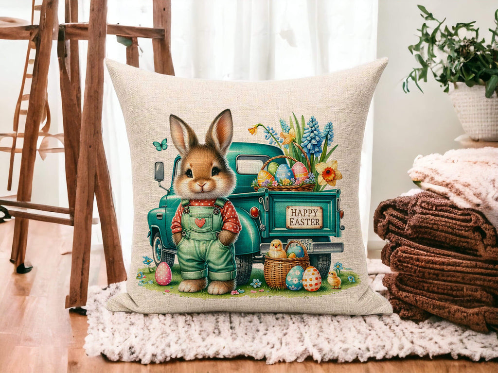 Personalized Easter Bunny Truck Pillow with Custom Name, Spring Farmhouse Decor, Vintage Teal Truck with Easter Eggs and Flowers, Cozy Seasonal Throw Pillow, Rustic Easter Home Accent - Personalized Kreation