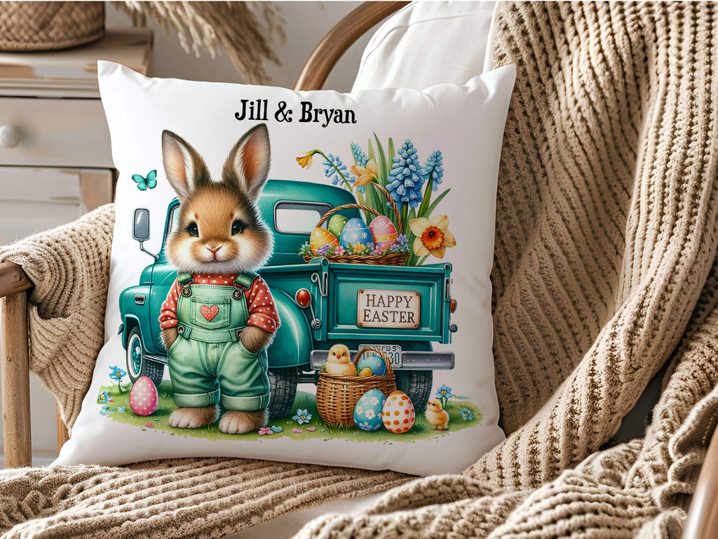 Personalized Easter Bunny Truck Pillow with Custom Name, Spring Farmhouse Decor, Vintage Teal Truck with Easter Eggs and Flowers, Cozy Seasonal Throw Pillow, Rustic Easter Home Accent - Personalized Kreation 