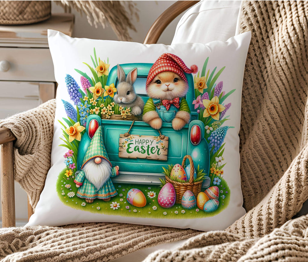 easter truck pillow cover, vintage bunny and gnome pillow, farmhouse easter decor, spring throw pillow, festive holiday cushion, rustic easter home accent, pastel farmhouse pillow, decorative easter gnome pillow, happy easter truck design, easter decorations for home