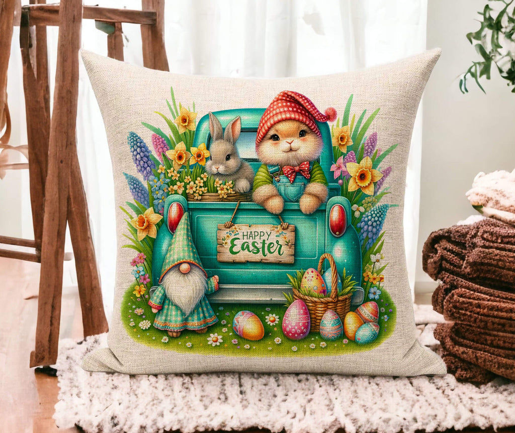 easter truck pillow cover, vintage bunny and gnome pillow, farmhouse easter decor, spring throw pillow, festive holiday cushion, rustic easter home accent, pastel farmhouse pillow, decorative easter gnome pillow, happy easter truck design, easter decorations for home - Personalized Kreation