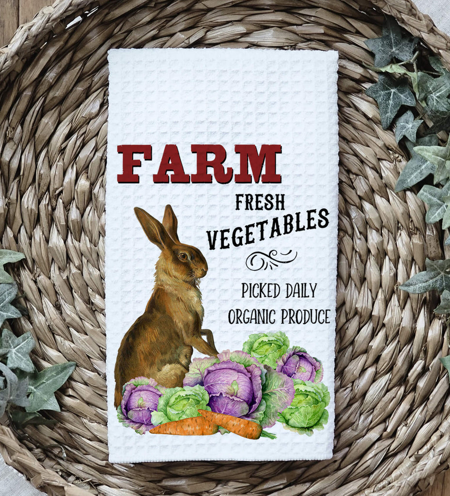 Farmhouse kitchen towel featuring a rustic bunny with fresh vegetables, including cabbage and carrots, perfect for country kitchen decor and eco-friendly home essentials - Personalized Kreation