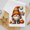 Rustic fall gnome kitchen towel with pumpkin design from Personalized Kreation LLC, perfect for Thanksgiving farmhouse decor.