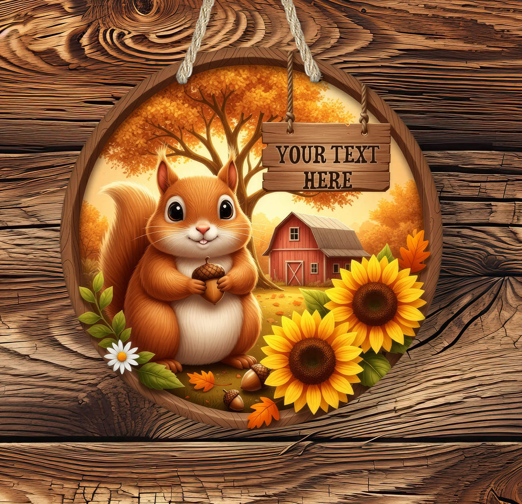 Wooden plaque with a squirrel, sunflowers, and a barn on a wooden background
