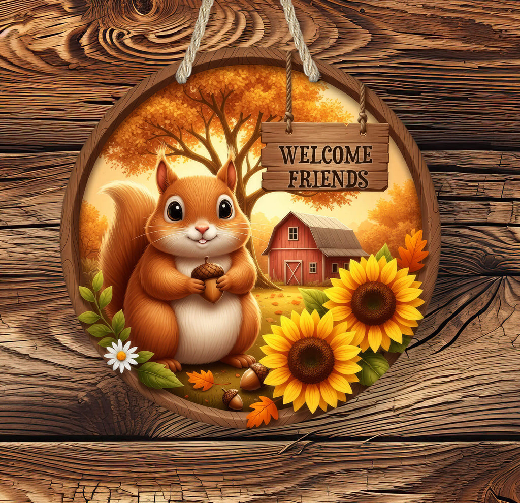 Wooden plaque with a squirrel, sunflowers, and a barn, featuring a 'Welcome Friends' sign on a wooden background.