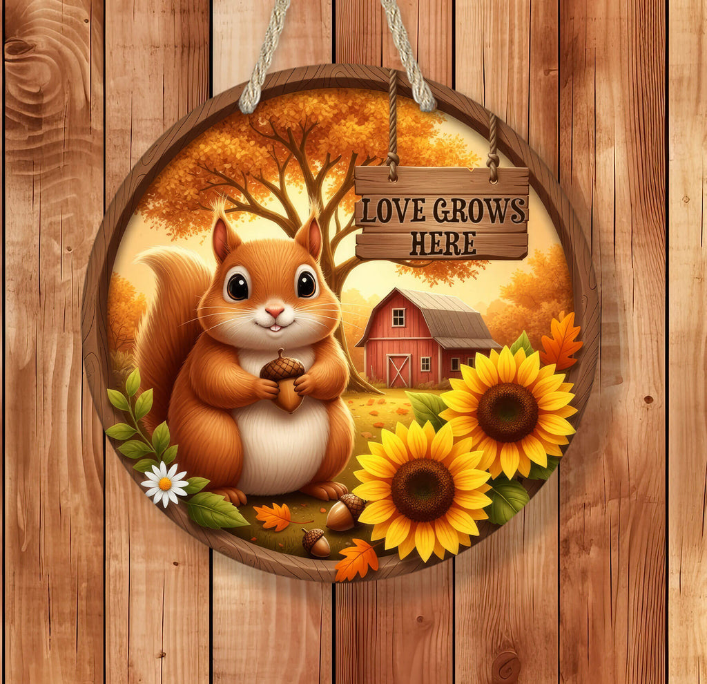 Decorative sign with a squirrel, sunflowers, and a barn on a wooden background.