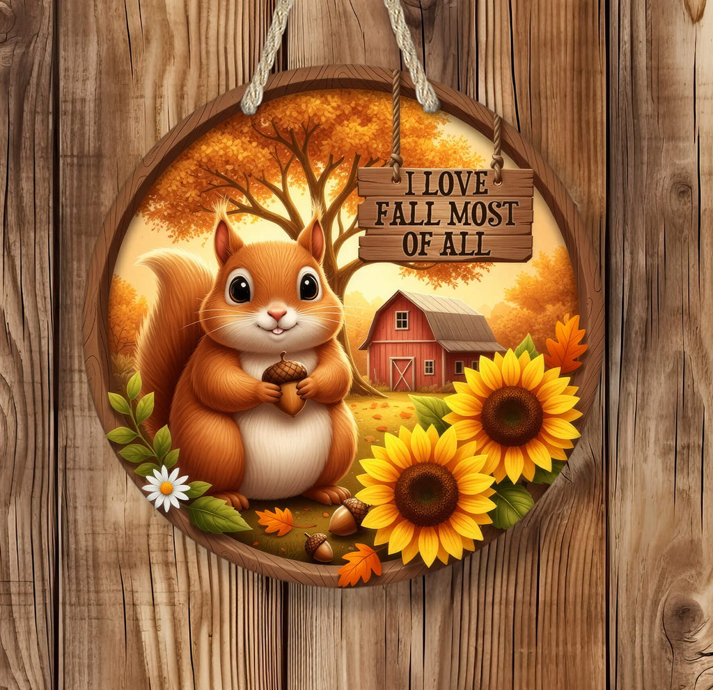 Decorative sign with a squirrel, sunflowers, and a barn on a wooden background.