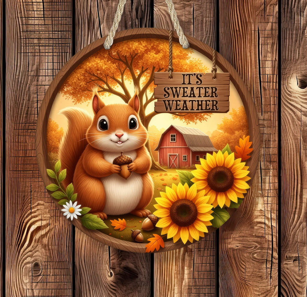 Decorative sign with a squirrel, sunflowers, and a barn, featuring 'It's Sweater Weather' text on a wooden background.