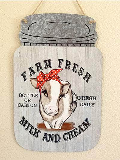 Personalized Kreation Sign Door Hanger Farmhouse Mason Jar Shaped Cow Sign | Farm Fresh Milk Sign | Cow Milk Carton Or Bottle Kitchen Decor