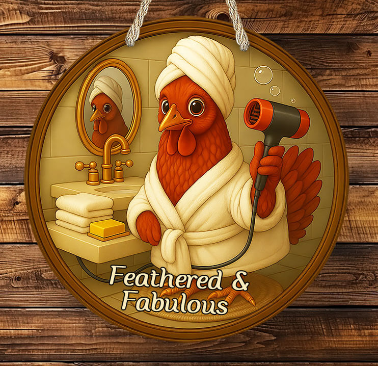 Cartoon chicken in a bathroom setting with a towel and hair dryer, on a wooden background.