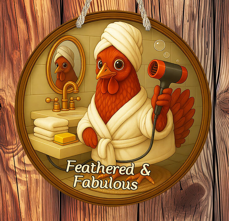 Cartoon chicken in a bathroom with a towel and hair dryer, with 'Feathered & Fabulous' text.