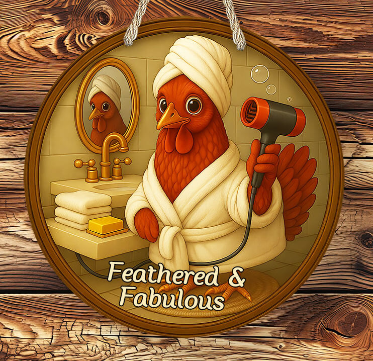 Cartoon rooster in a bathroom with a towel and hair dryer, with 'Feathered & Fabulous' text.