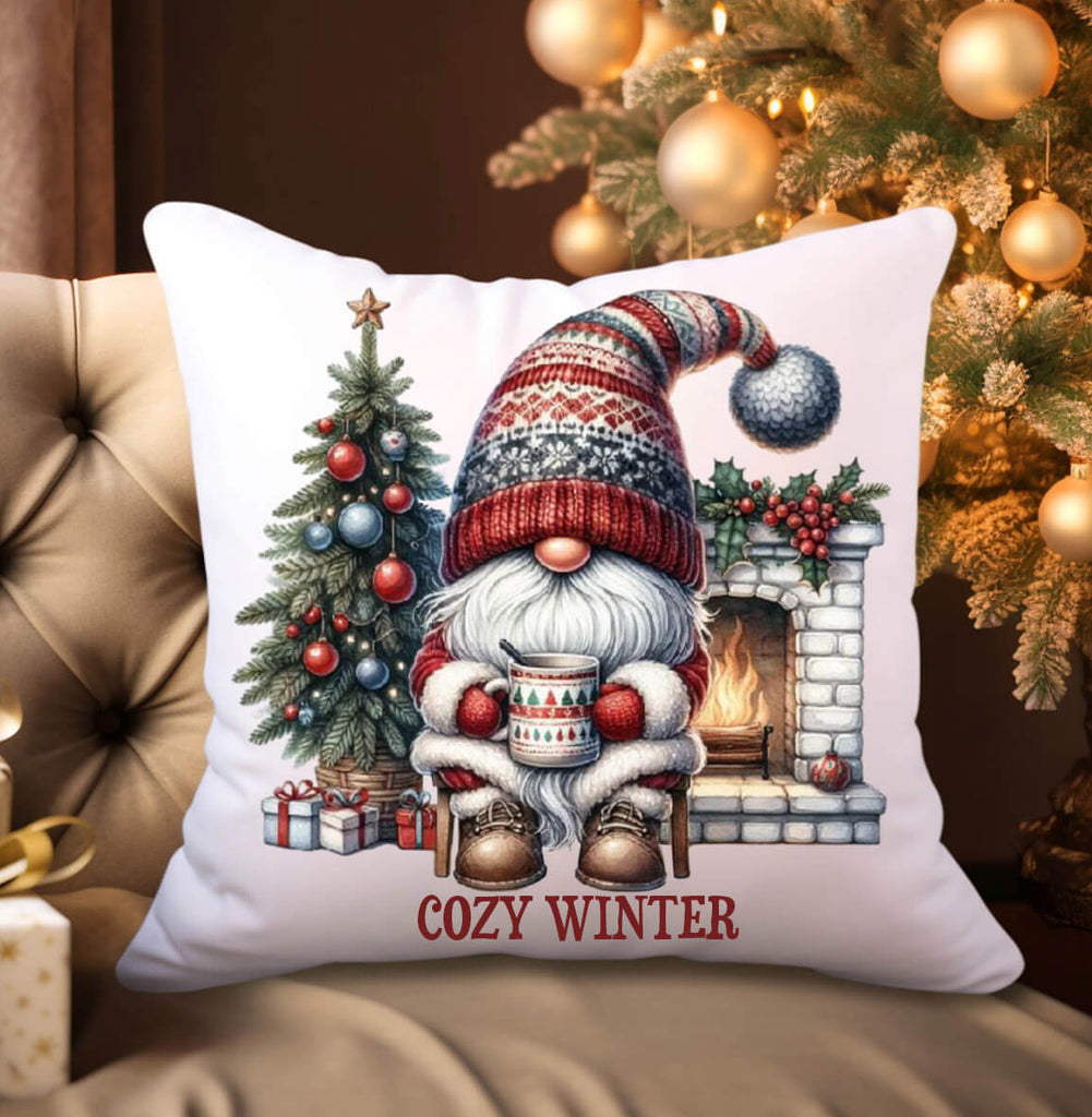 Decorative pillow with a Christmas gnome design in front of a decorated tree.