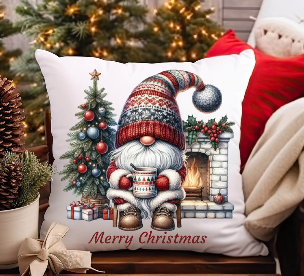 Decorative pillow with Christmas gnome design in front of a decorated tree.