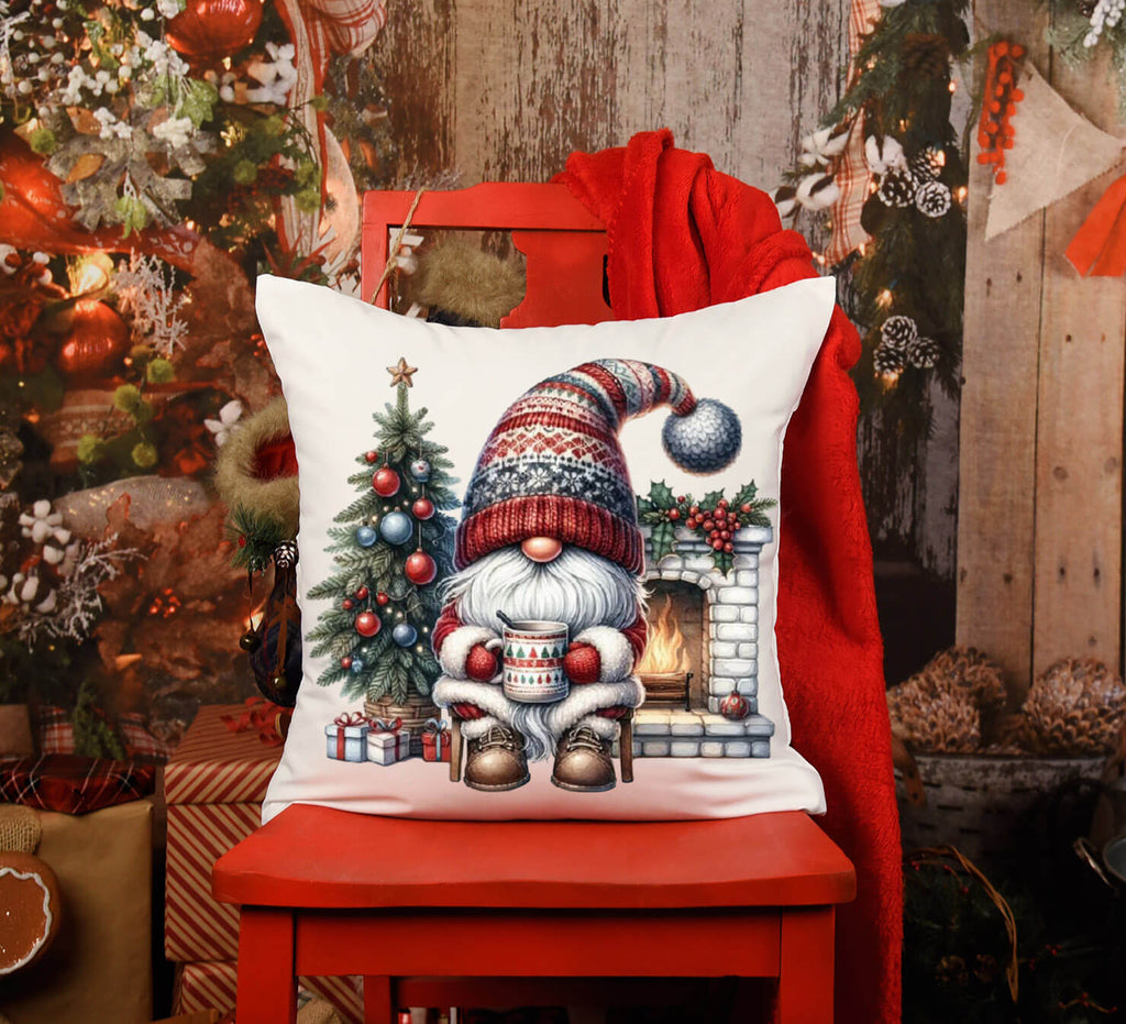 Decorative pillow with a Christmas gnome design on a red chair in a festive setting.