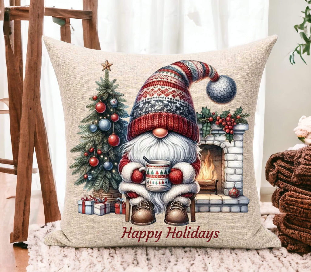 Decorative pillow with a gnome design and 'Happy Holidays' text, placed on a surface.