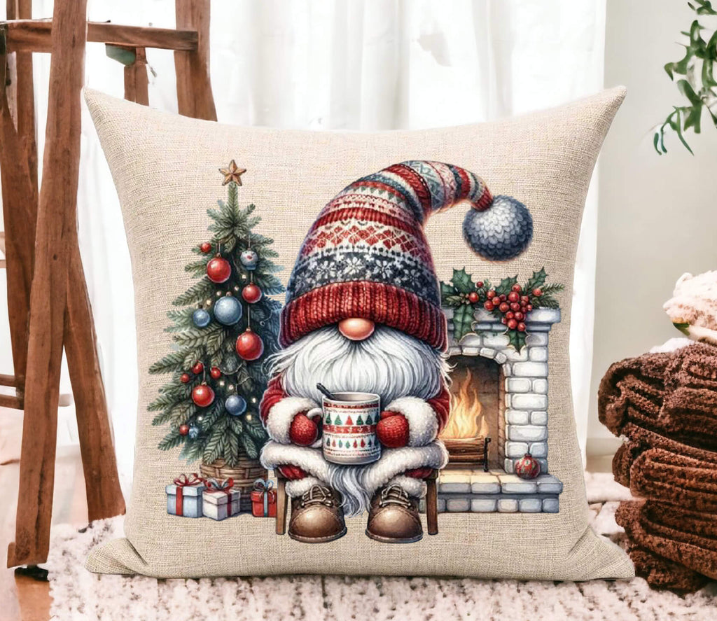 Decorative pillow with a Christmas gnome design on a wooden floor.