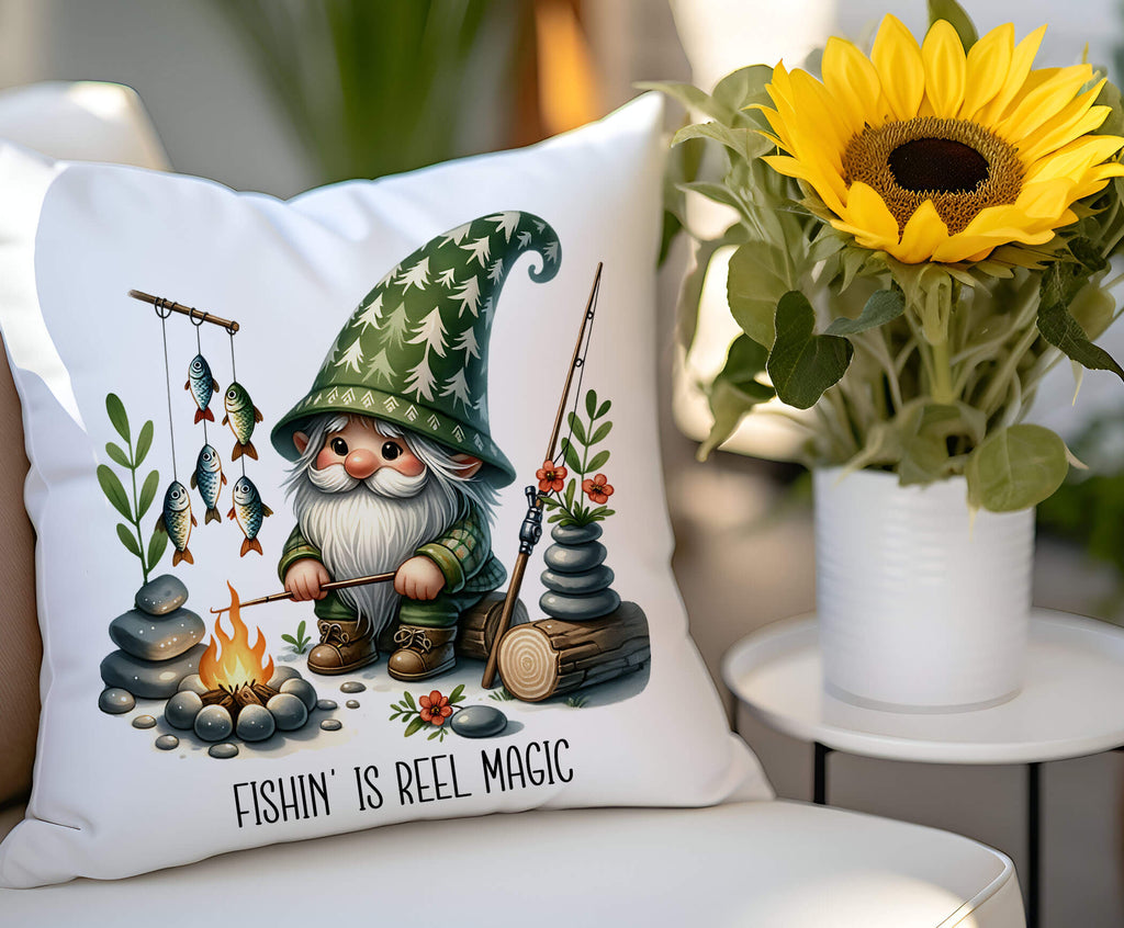 A personalized fishing gnome pillow featuring a gnome sitting by a campfire with fishing poles and fish. The pillow is 18x18 inches, available in white canvas or beige linen, with a hidden zipper closure. Ideal for fishing lovers, rustic cabin decor, or camping enthusiasts. Perfect for adding a touch of the great outdoors to any space - Personalized Kreation