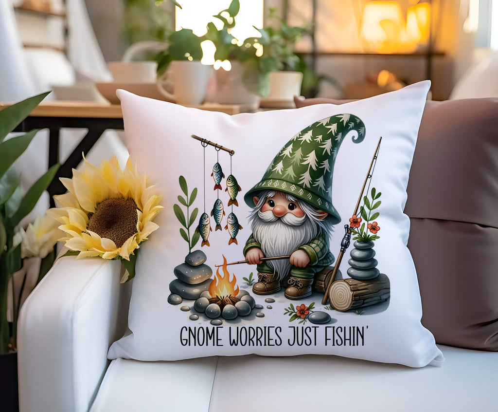 A personalized fishing gnome pillow featuring a gnome sitting by a campfire with fishing poles and fish. The pillow is 18x18 inches, available in white canvas or beige linen, with a hidden zipper closure. Ideal for fishing lovers, rustic cabin decor, or camping enthusiasts. Perfect for adding a touch of the great outdoors to any space - Personalized Kreation