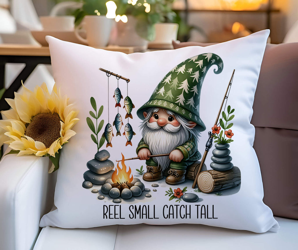 A personalized fishing gnome pillow featuring a gnome sitting by a campfire with fishing poles and fish. The pillow is 18x18 inches, available in white canvas or beige linen, with a hidden zipper closure. Ideal for fishing lovers, rustic cabin decor, or camping enthusiasts. Perfect for adding a touch of the great outdoors to any space - Personalized Kreation