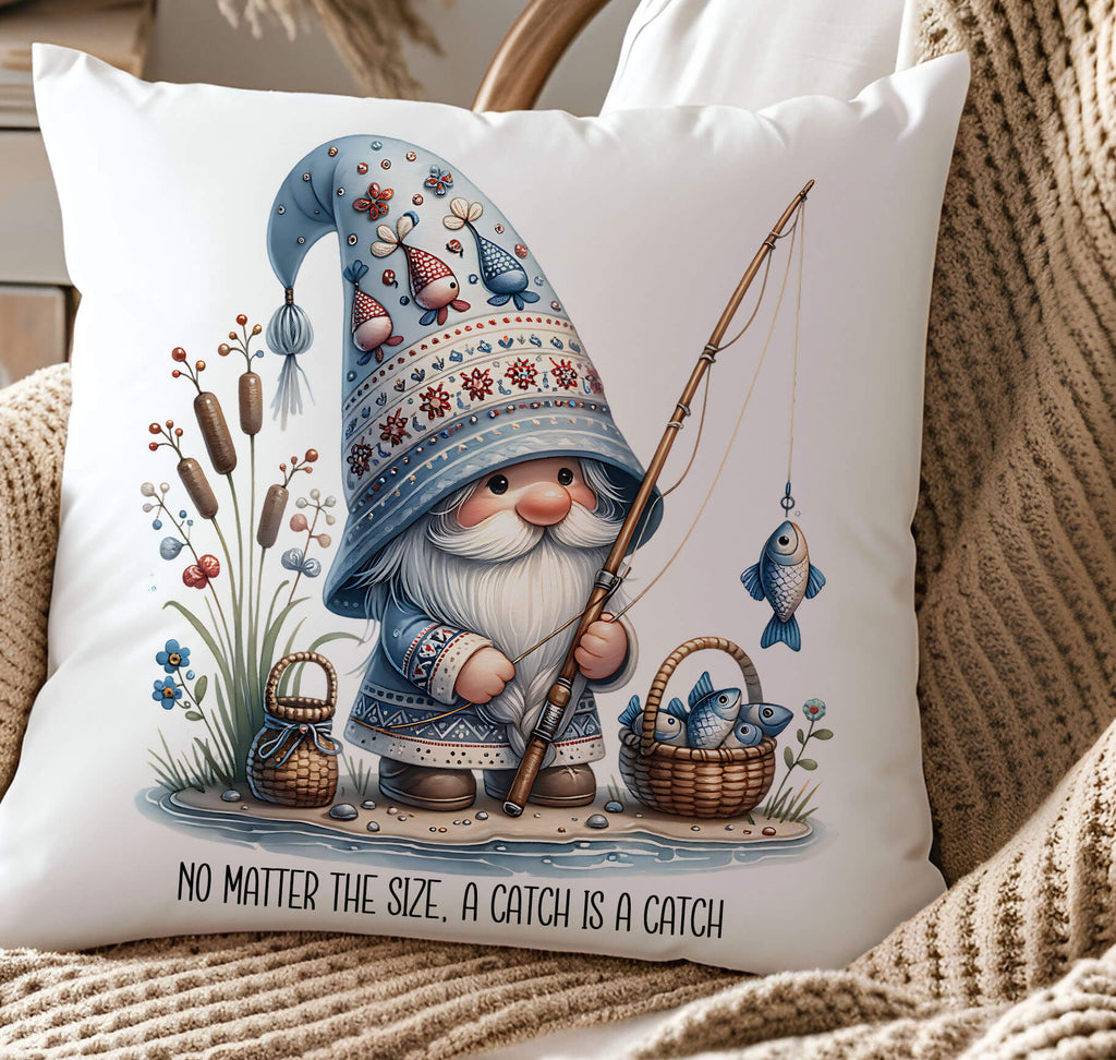 A personalized fishing gnome pillow featuring a cozy gnome fishing by the lake holding a fishing rod with fresh catches surrounded by rustic nature elements. The pillow is 18x18 inches available in white canvas or beige linen with a hidden zipper closure A perfect custom gift for fishing lovers cabin decor and outdoor enthusiasts - Personalized Kreation