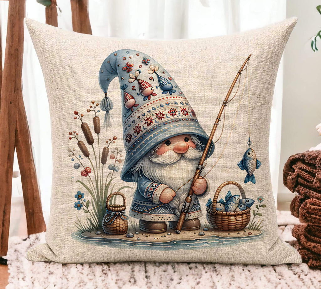 A personalized fishing gnome pillow featuring a cozy gnome fishing by the lake holding a fishing rod with fresh catches surrounded by rustic nature elements. The pillow is 18x18 inches available in white canvas or beige linen with a hidden zipper closure A perfect custom gift for fishing lovers cabin decor and outdoor enthusiasts - Personalized Kreation