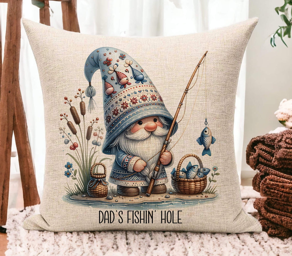 A personalized fishing gnome pillow featuring a cozy gnome fishing by the lake holding a fishing rod with fresh catches surrounded by rustic nature elements. The pillow is 18x18 inches available in white canvas or beige linen with a hidden zipper closure A perfect custom gift for fishing lovers cabin decor and outdoor enthusiasts - Personalized Kreation