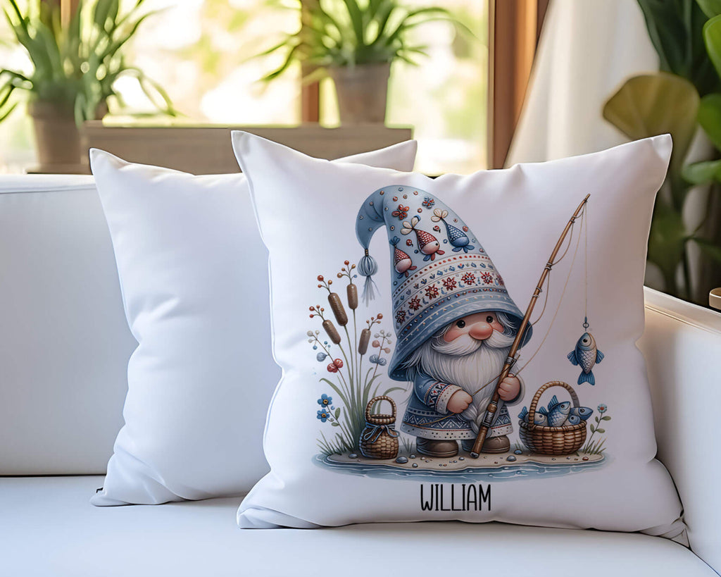 A personalized fishing gnome pillow featuring a cozy gnome fishing by the lake holding a fishing rod with fresh catches surrounded by rustic nature elements. The pillow is 18x18 inches available in white canvas or beige linen with a hidden zipper closure A perfect custom gift for fishing lovers cabin decor and outdoor enthusiasts - Personalized Kreation