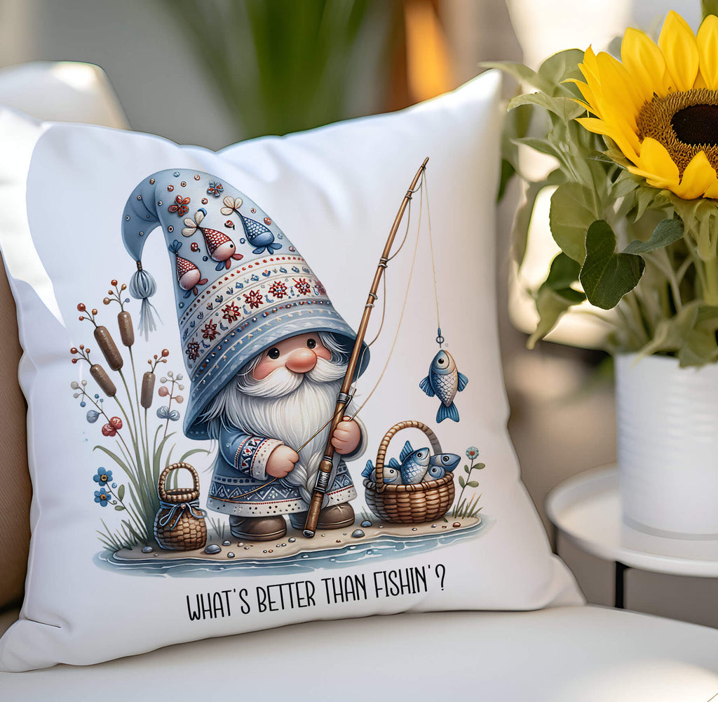 A personalized fishing gnome pillow featuring a cozy gnome fishing by the lake holding a fishing rod with fresh catches surrounded by rustic nature elements. The pillow is 18x18 inches available in white canvas or beige linen with a hidden zipper closure A perfect custom gift for fishing lovers cabin decor and outdoor enthusiasts - Personalized Kreation