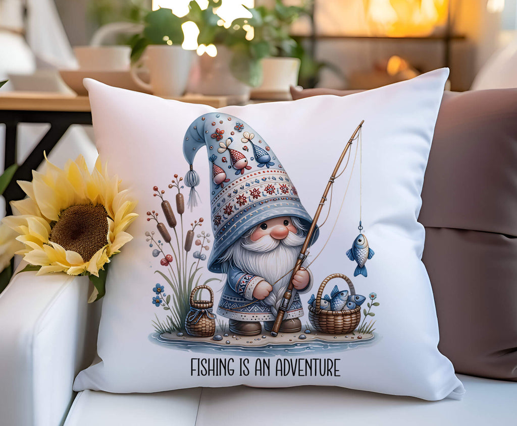 A personalized fishing gnome pillow featuring a cozy gnome fishing by the lake holding a fishing rod with fresh catches surrounded by rustic nature elements. The pillow is 18x18 inches available in white canvas or beige linen with a hidden zipper closure A perfect custom gift for fishing lovers cabin decor and outdoor enthusiasts - Personalized Kreation