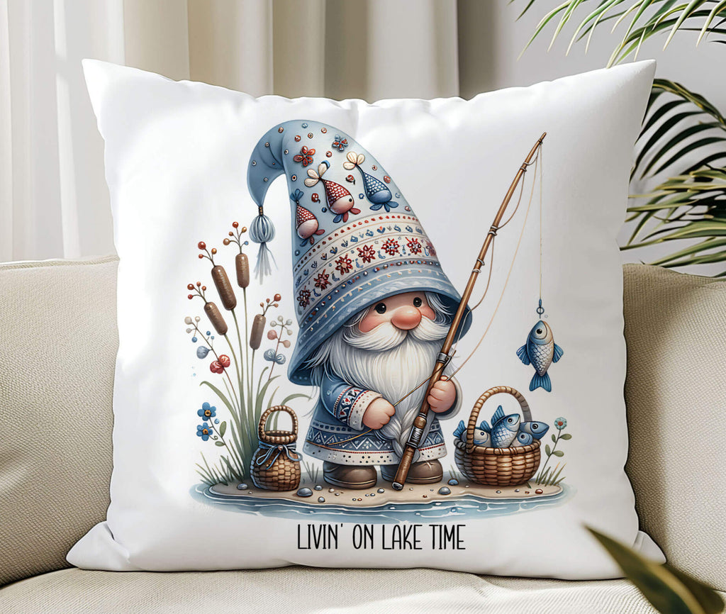 A personalized fishing gnome pillow featuring a cozy gnome fishing by the lake holding a fishing rod with fresh catches surrounded by rustic nature elements. The pillow is 18x18 inches available in white canvas or beige linen with a hidden zipper closure A perfect custom gift for fishing lovers cabin decor and outdoor enthusiasts - Personalized Kreation