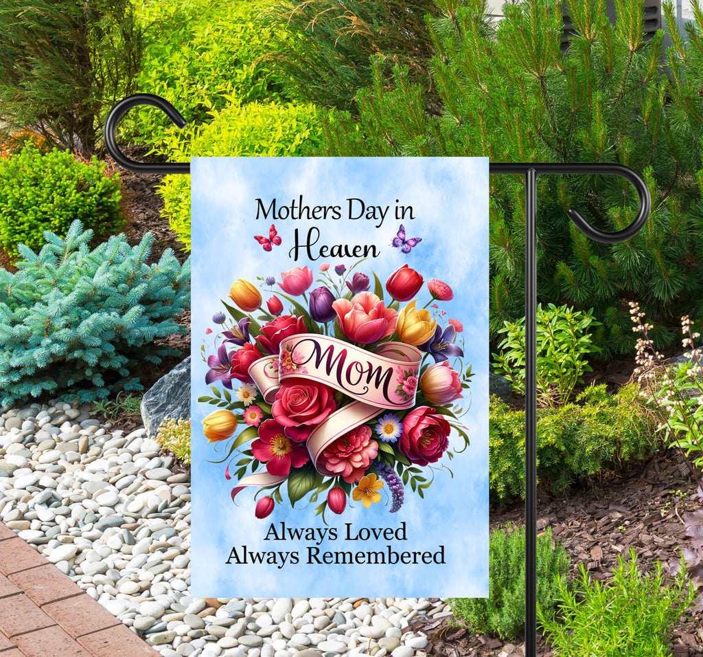 Heavenly Mother's Day Memorial Garden Flag with vibrant floral design, honoring mom with a heartfelt tribute. Weather-resistant remembrance flag for outdoor decor, perfect for gravesites, gardens, and yards - Personnalized Kreation