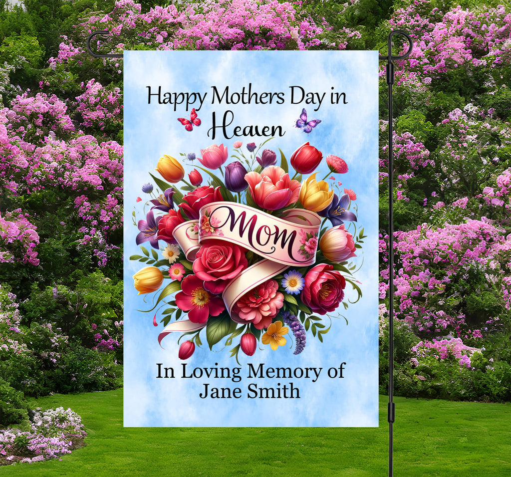 Heavenly Mother's Day Memorial Garden Flag with vibrant floral design, honoring mom with a heartfelt tribute. Weather-resistant remembrance flag for outdoor decor, perfect for gravesites, gardens, and yards - Personalized Kreation