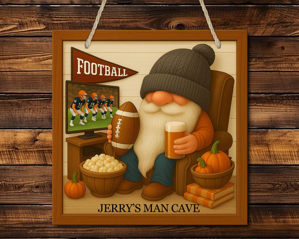 Gnome holding a beer and football, with 'Jerry's Man Cave' text on a wooden background
