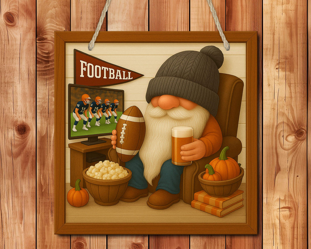 Gnome watching football on TV with a beer and popcorn, framed picture on wooden wall.