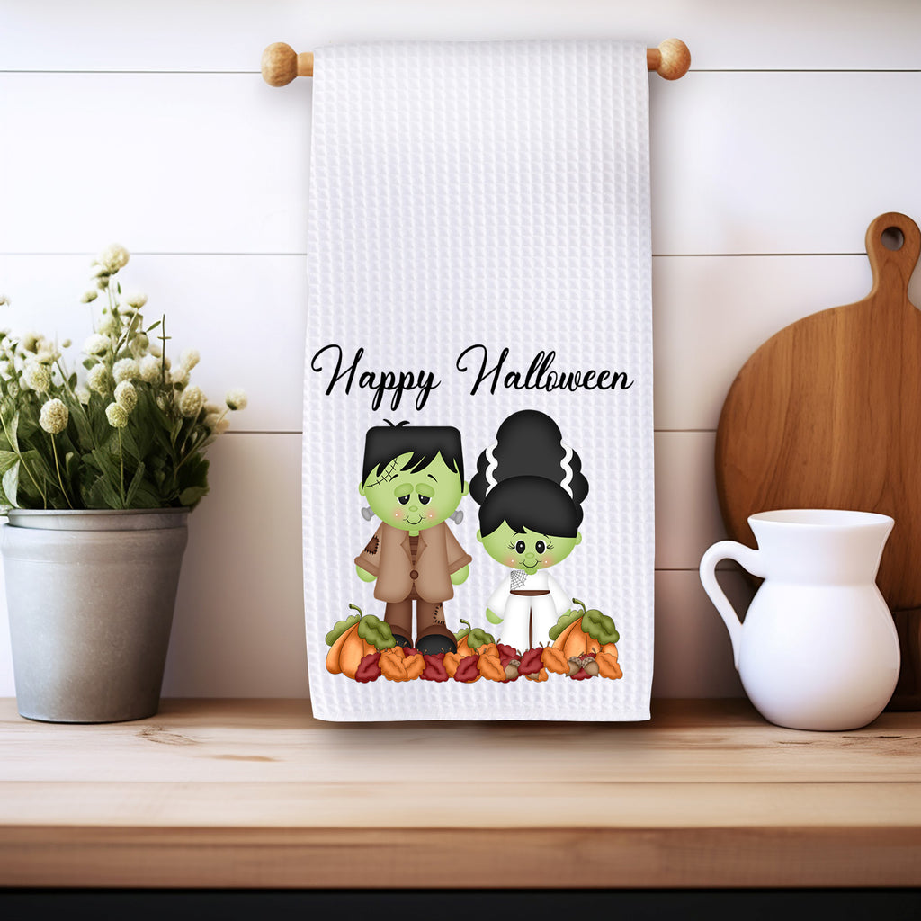 Frankenstein and Bride Halloween towel 16x24 inches microfiber waffle weave kitchen towel - Personalized Kreation