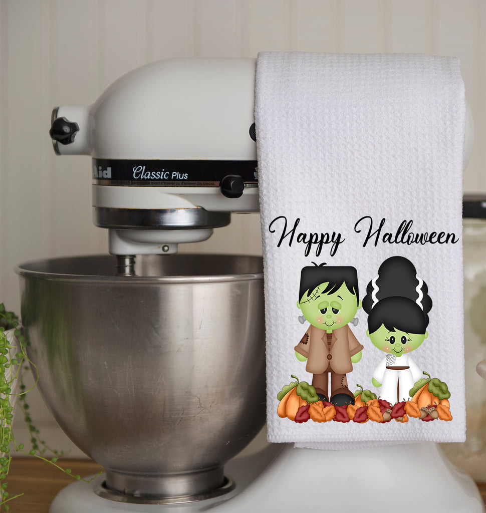 Frankenstein and Bride Halloween towel 16x24 inches microfiber waffle weave kitchen towel - Personalized Kreation