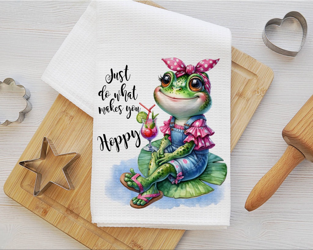 Cute frog kitchen towel set featuring two whimsical frog designs, one in a polka-dot swimsuit with a tropical drink and the other sitting on a lily pad. Perfect for farmhouse kitchens, summer décor, and cottagecore enthusiasts. Soft, absorbent, and stylish dish towels - Personalized Kreaion