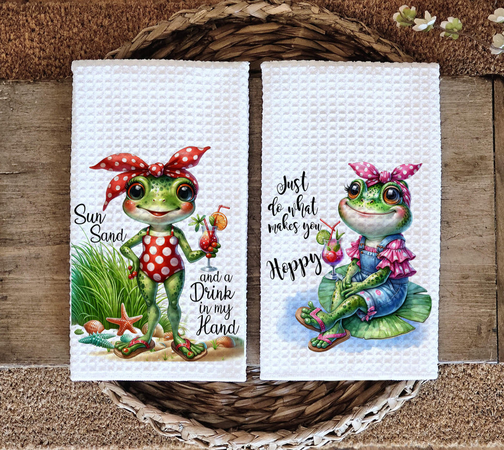 Cute frog kitchen towel set featuring two whimsical frog designs, one in a polka-dot swimsuit with a tropical drink and the other sitting on a lily pad. Perfect for farmhouse kitchens, summer décor, and cottagecore enthusiasts. Soft, absorbent, and stylish dish towels - Personalized Kreation