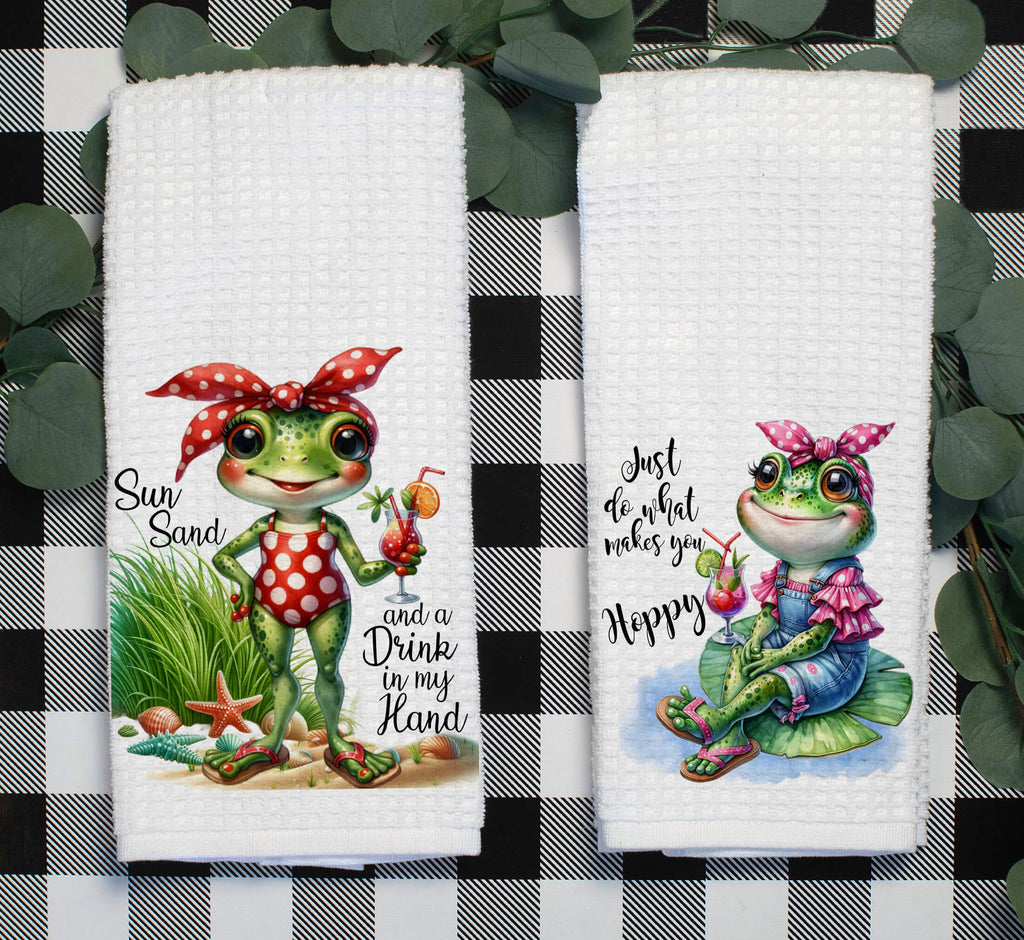 Cute frog kitchen towel set featuring two whimsical frog designs, one in a polka-dot swimsuit with a tropical drink and the other sitting on a lily pad. Perfect for farmhouse kitchens, summer décor, and cottagecore enthusiasts. Soft, absorbent, and stylish dish towels - Personalized Kreation