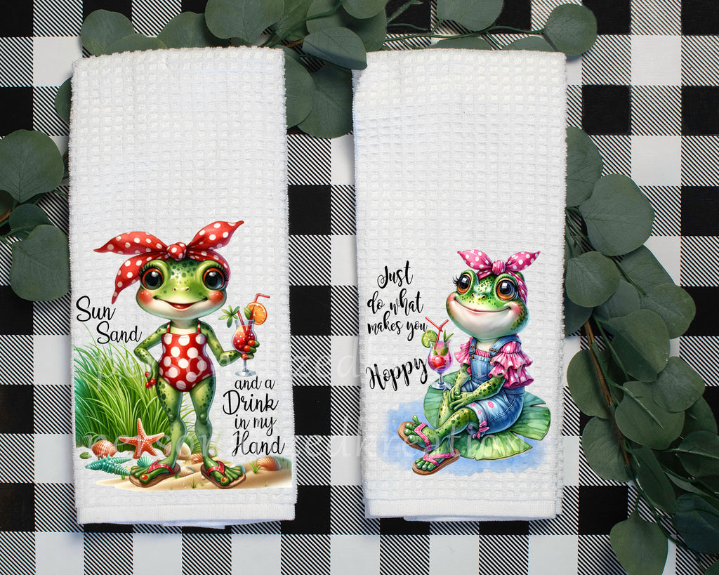 Set of two frog kitchen waffle weave towels measuring fifteen by twenty five inches one with a frog wearing a bathing suit and one frog on a lily pad in overalls.  images dyed into the fabric and will not crack fade or peel | Personalized Kreation