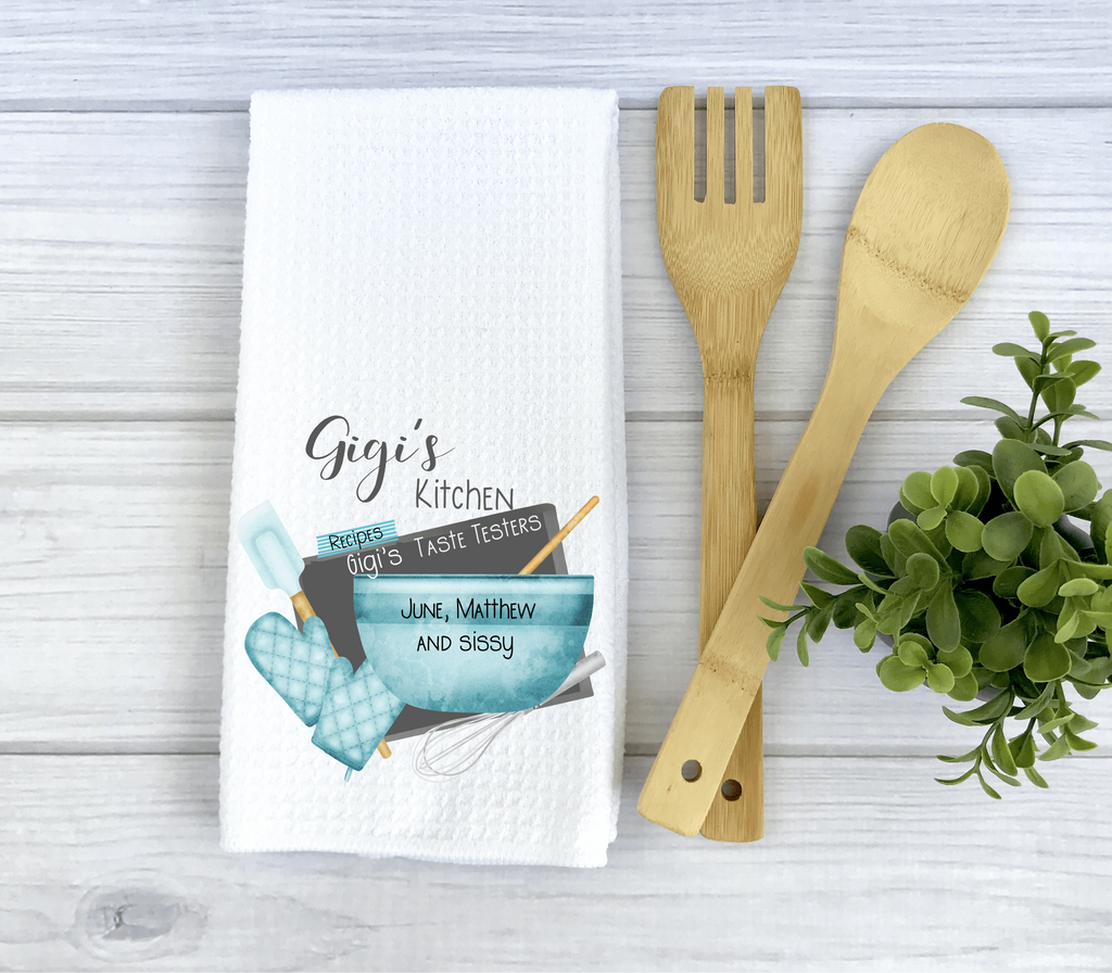 Personalized Grandma’s Kitchen Towel with a charming "Grandma’s Taste Testers" design, featuring a rustic baking theme and custom grandkids' names, perfect for farmhouse kitchen decor